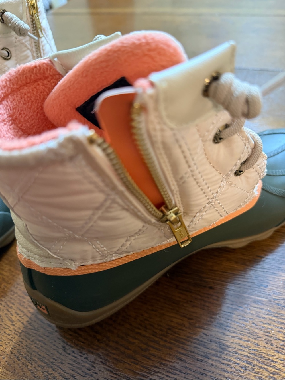 Sperry Olive & Tan Quilted Duck Boots with Coral Accents - Picture 6 of 9